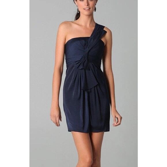 BCBG Maxazria One Shoulder Satin Mini Dress 6 Navy Blue Cocktail Prom Formal